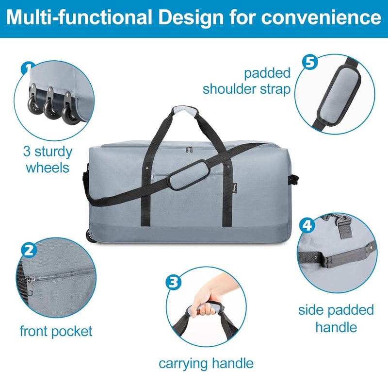Finnhomy 120L Foldable Rolling Duffel Bag with 3 Wheels, Light Weight Travel Duffel bag with Large Loading Capacity, 32 inch Rolling Duffel bag with Shoulder Strap for Travel Camping Sports - Image 4